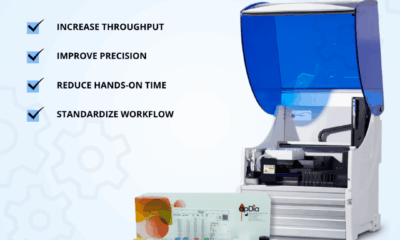 Promotional graphic for the MAIPA Assay automated on the DYNEX DS2® ELISA processor. The headline reads "MAIPA Assay – Automated procedure on DYNEX DS2®" alongside a large image of the blue-and-white DYNEX DS2 instrument and the apDia MAIPA assay kit with reagents, microplates, and consumables. Four highlighted benefits are listed with checkmarks: increase throughput, improve precision, reduce hands-on time, and standardize workflow.